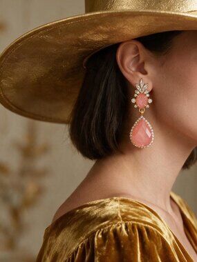Elizabeth Cole 24K Gold Plated Coral Crystals Designer Pierced Earrings